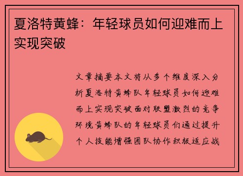 夏洛特黄蜂：年轻球员如何迎难而上实现突破